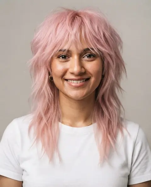 The same photo after the change: Wolf cut, Pink
